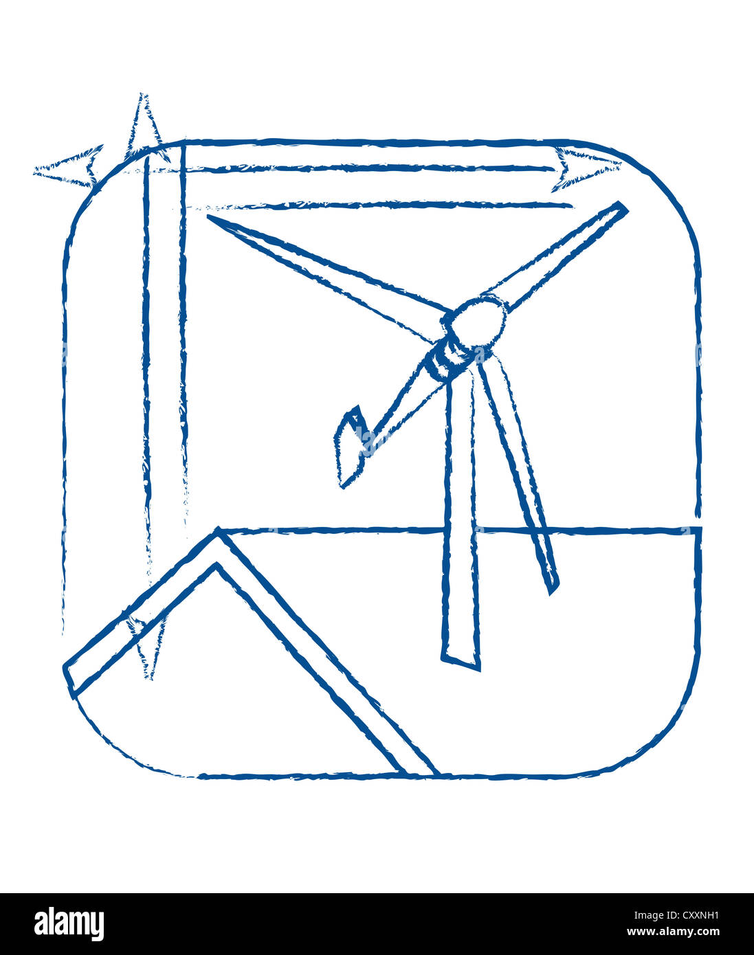 Piccole turbine eoliche su un tetto, disegno tecnico, illustrazione Foto Stock