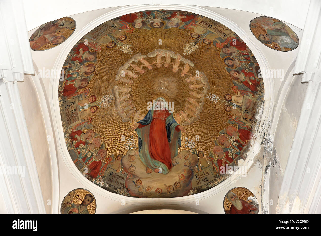 Giotto soffitto in stile di pittura, affreschi sul soffitto, dal 1350, villaggio chiesa di Brione, Valle Verzasca, Canton Ticino Foto Stock