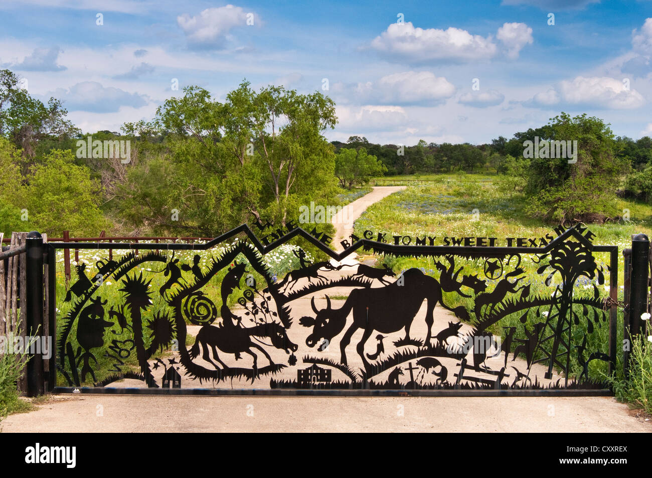 Ferro battuto cancello sulla strada al ranch, Willow City Loop nel paese collinare nei pressi di Fredericksburg, Texas, Stati Uniti d'America Foto Stock