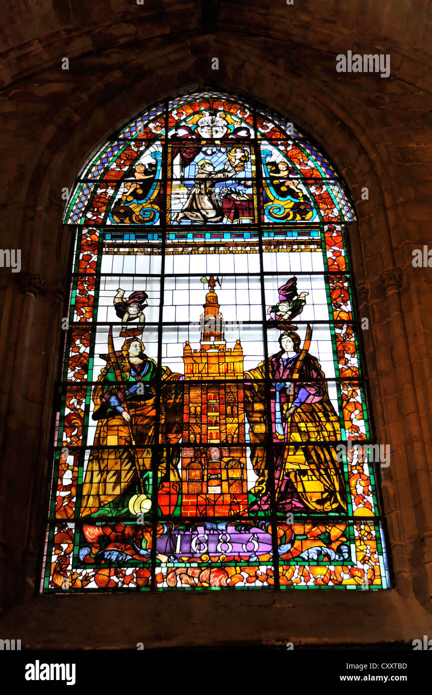 Colorate in vetro colorato la finestra della chiesa con motivi religiosi, Cattedrale di Siviglia, Catedral de Santa María de la Sede, Giralda Foto Stock