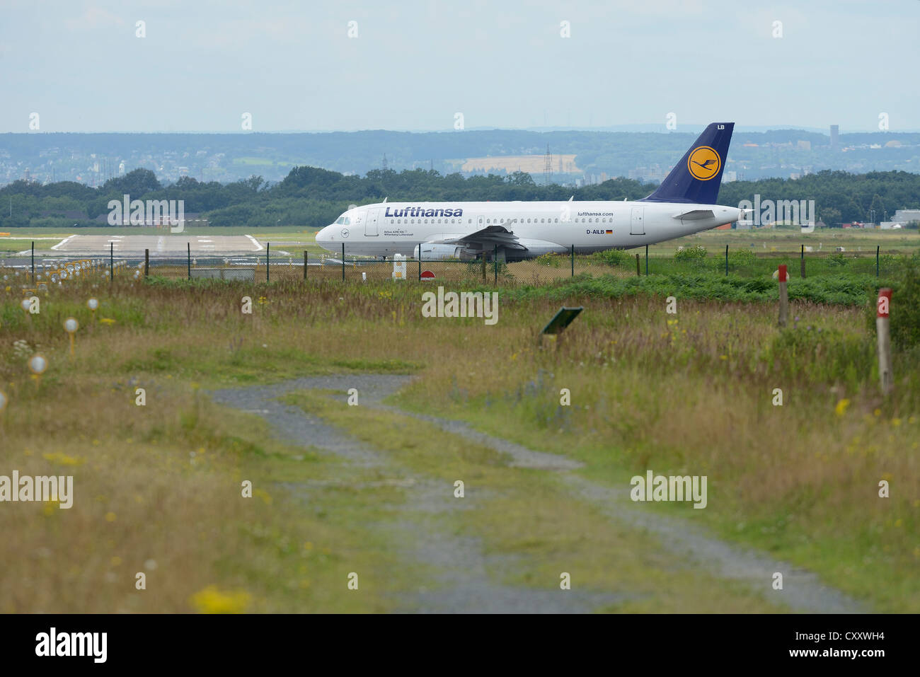 Lufthansa su aeromobili il vento di traverso sulla pista, Colonia Bonn, Colonia, nella Renania settentrionale-Vestfalia Foto Stock