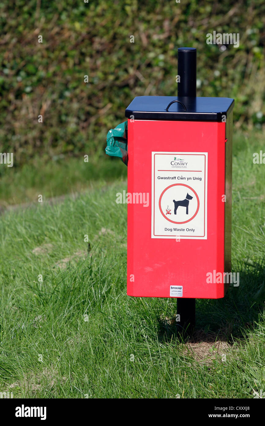 Un cane bidone dei rifiuti collocati a incoraggiare i proprietari di cani di pulizia dopo i loro animali domestici durante la deambulazione. Foto Stock