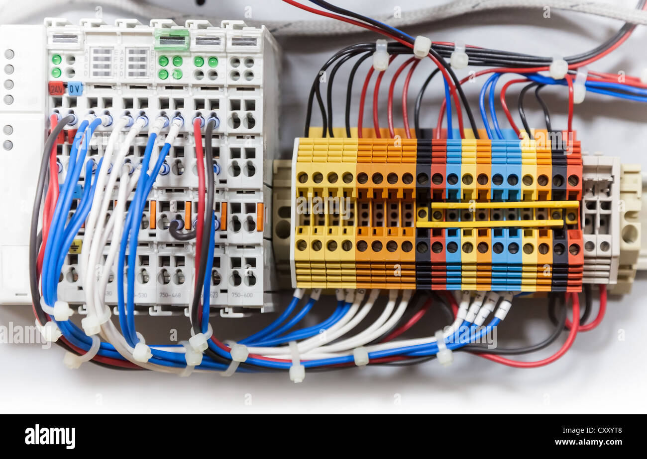 Colorato filo di alimentazione del blocco di connessione, il fuoco selettivo Foto Stock