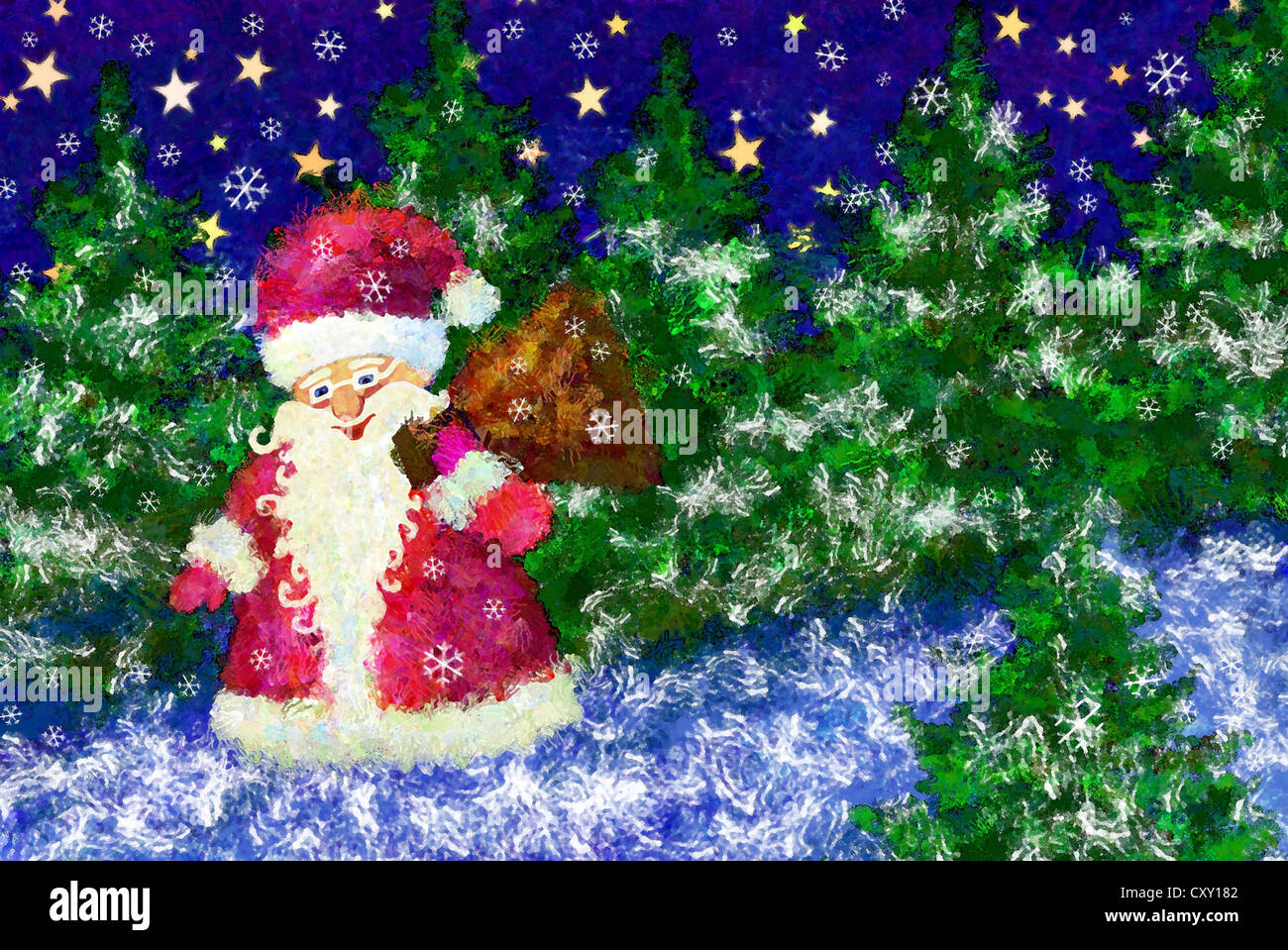 Santa Claus in una foresta, illustrazione Foto Stock