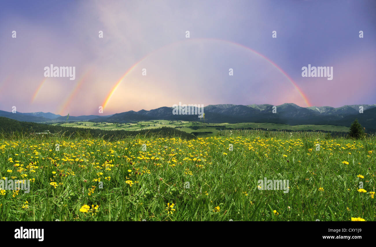 Rainbow su un paesaggio con un prato e montagne Foto Stock