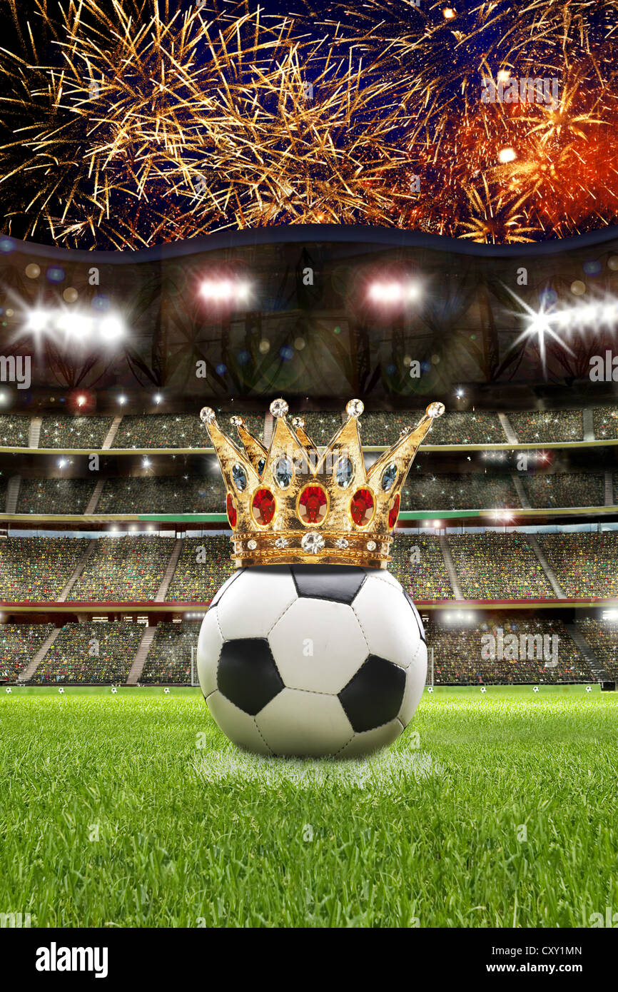 Calcio con una corona in uno stadio di calcio con gradinate e fuochi d'artificio, illustrazione Foto Stock
