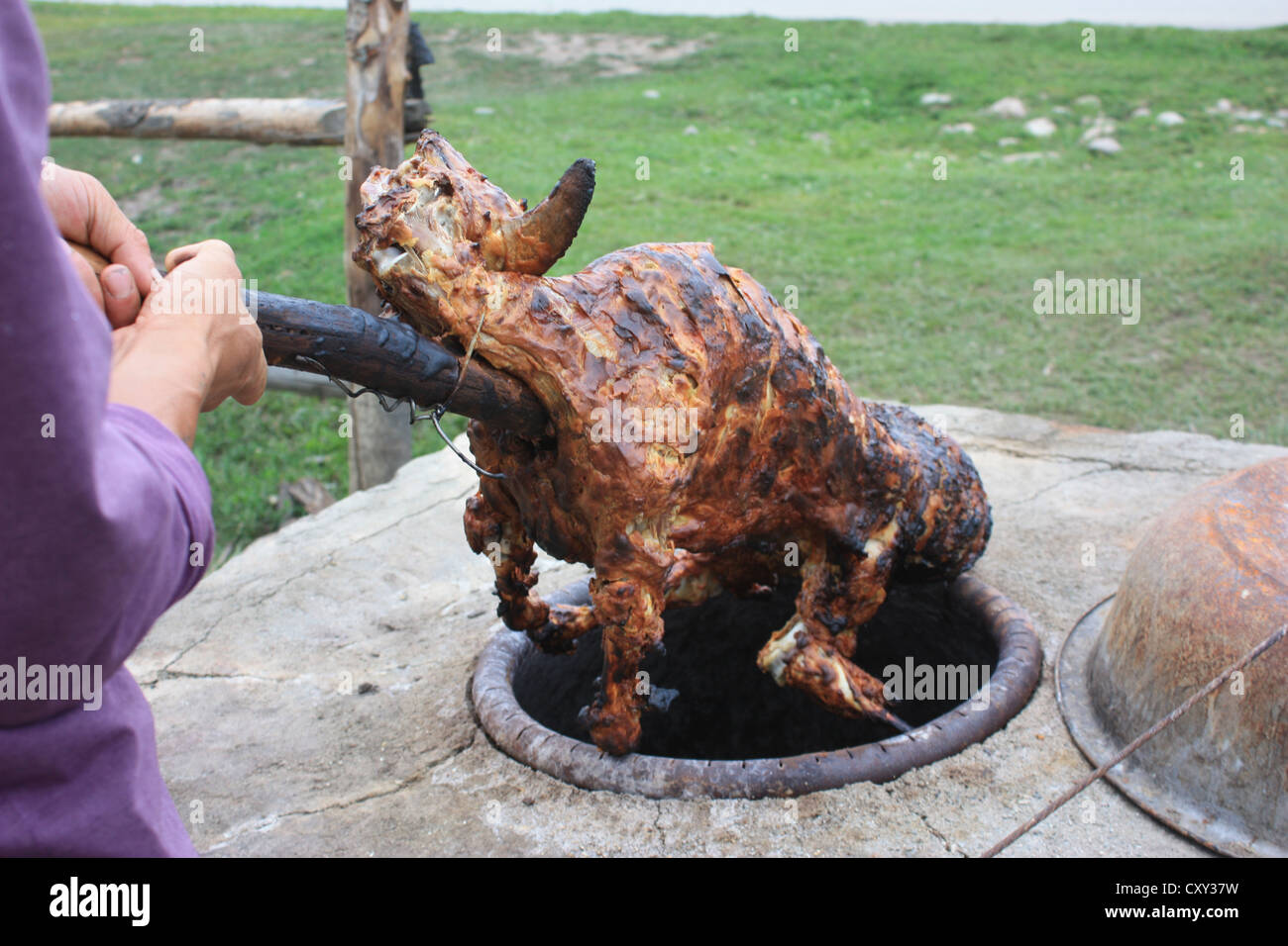 Intero arrosto di agnello al villaggio Hemu. Foto Stock