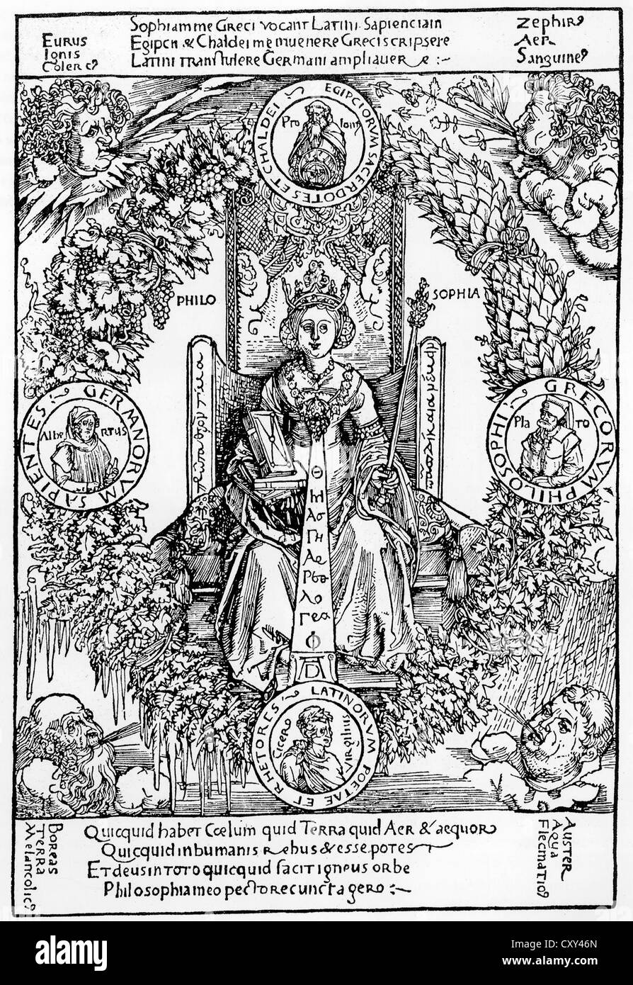 ALBRECHT DÜRER (1471-1528), artista tedesco. Il suo 1502 xilografia personificando la filosofia Foto Stock