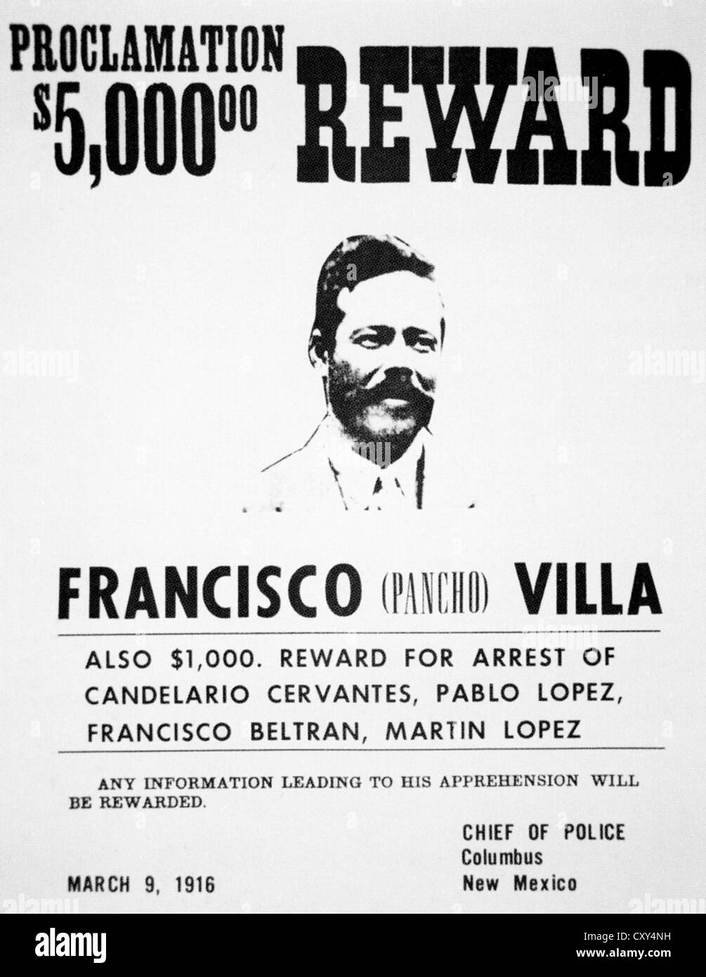 PANCHO VILLA (1878-1923) rivoluzionario messicano generale. Manifesto americano offre una ricompensa dopo il suo attacco a Colombo nel 1916 Foto Stock