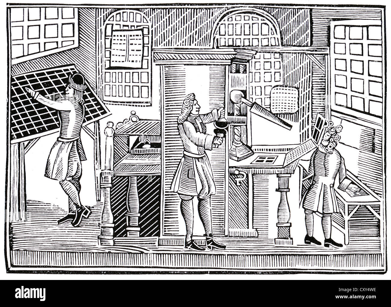 Londra lavori di stampa circa 1720. Uomo a sinistra è la scelta del mobile tipo di legno. Foto Stock