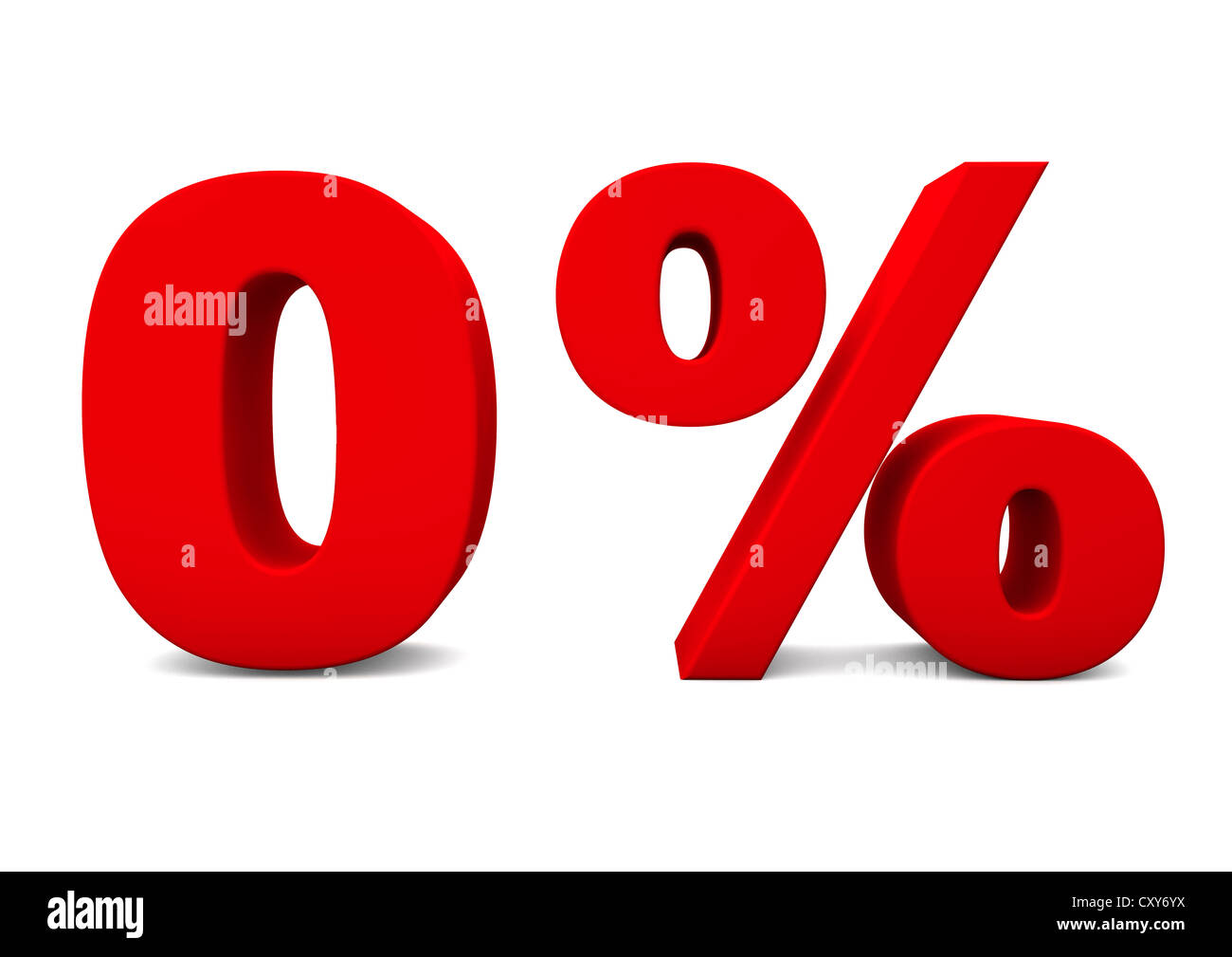 3D render di un rosso zero il simbolo percentuale isolato su uno sfondo bianco - intaglio Foto Stock