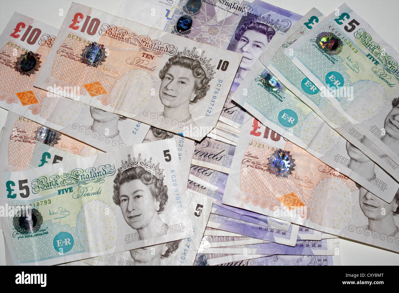 Banca Britannica note £20, £10, £5 Foto Stock