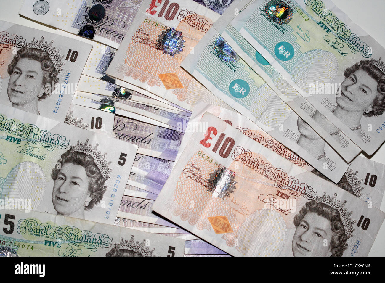Banca Britannica note £20, £10, £5 Foto Stock