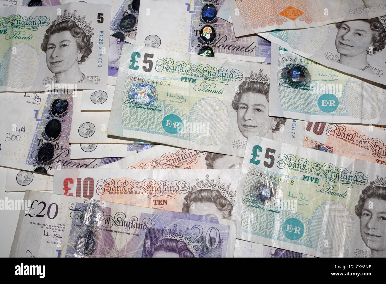 Banca Britannica note £20, £10, £5 Foto Stock