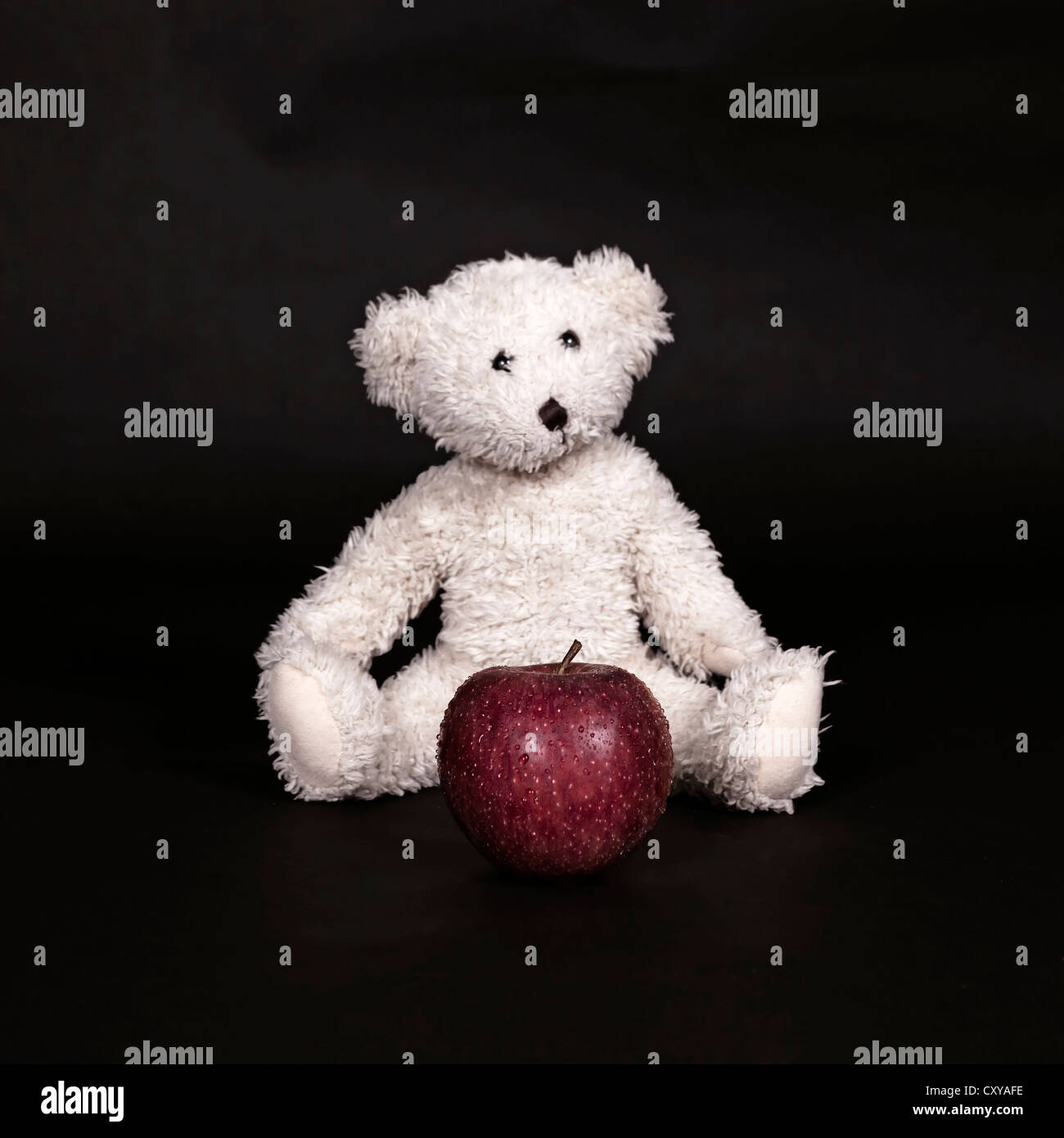 Un orsacchiotto bianco e una mela rossa Foto Stock