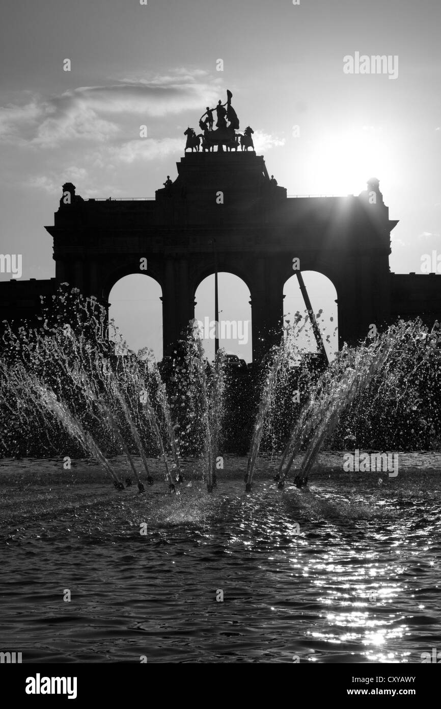 Bruxelles - silhouette di un arco trionfale nel Parc du Cinquantenaire e la fontana Foto Stock