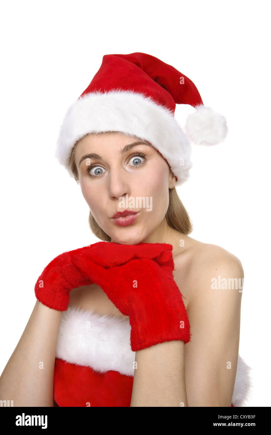 Immagini Di Babbe Natale Donne.Donna Che Indossa Un Berretto Di Babbo Natale E Il Vestito Foto Stock Alamy