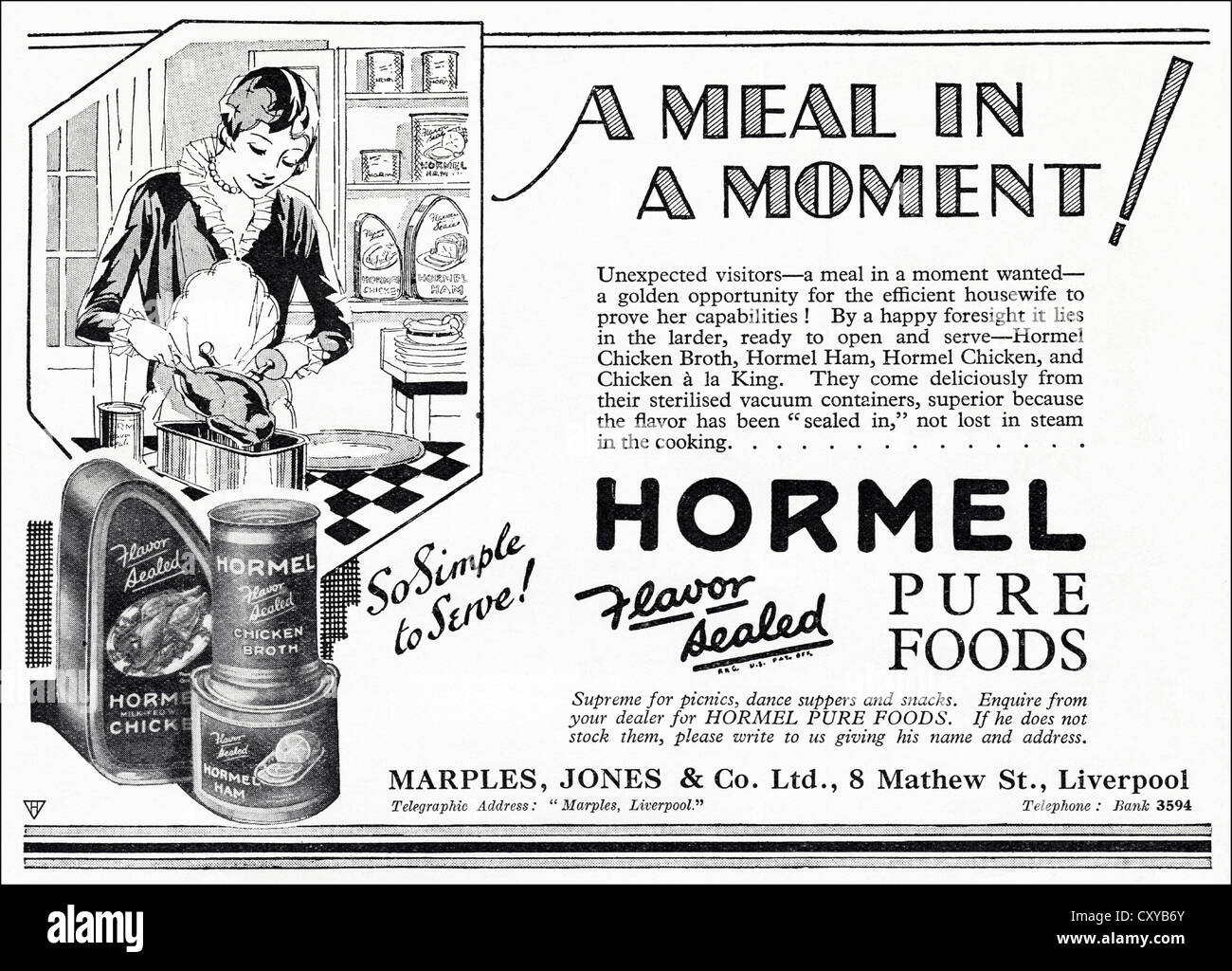 Originale degli anni trenta vintage stampa pubblicitaria dal consumatore inglese pubblicità su riviste Hormel Foods Foto Stock