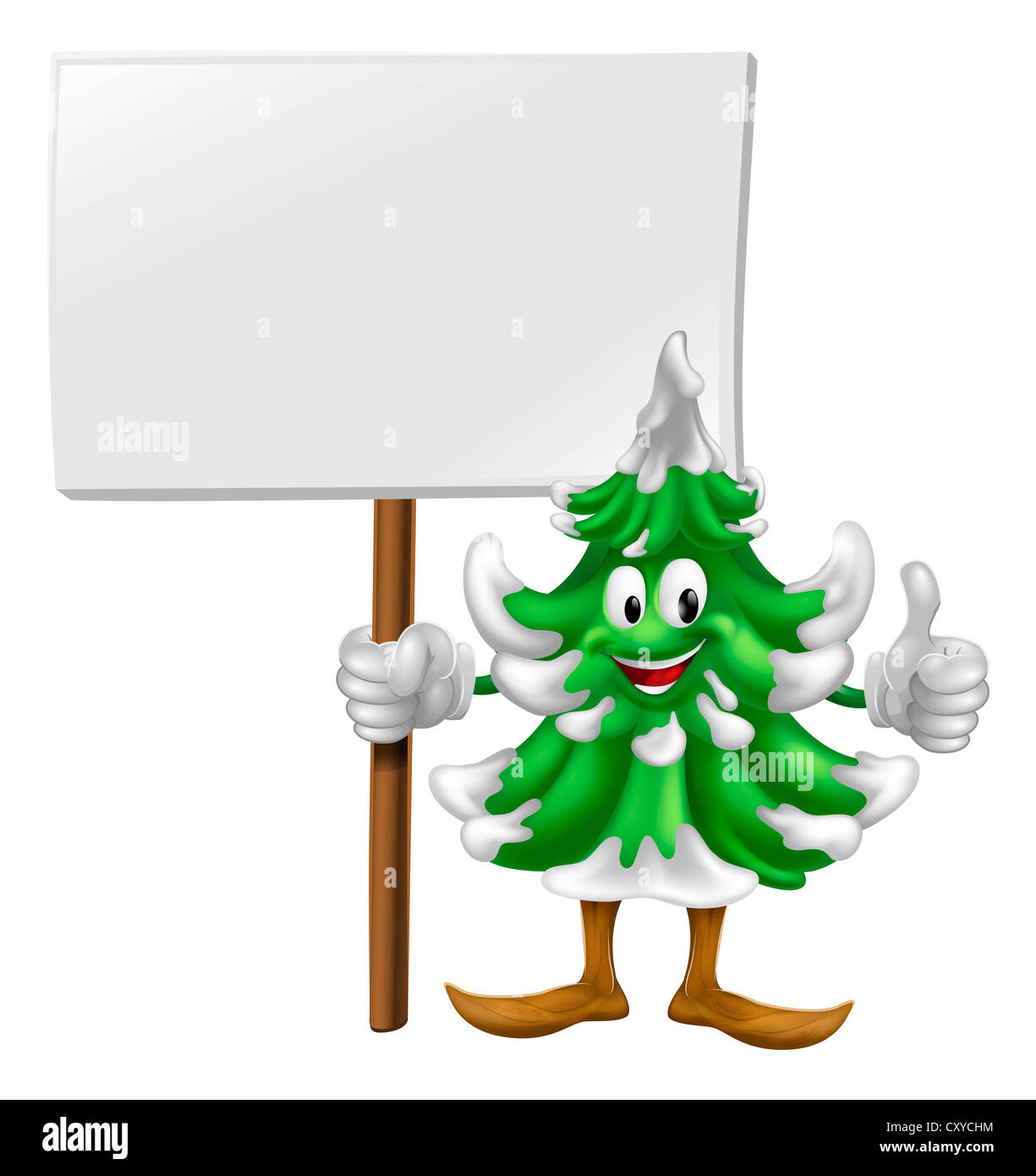 Illustrazione di un sorridente cartoon albero di Natale carattere tenendo un cartello Foto Stock