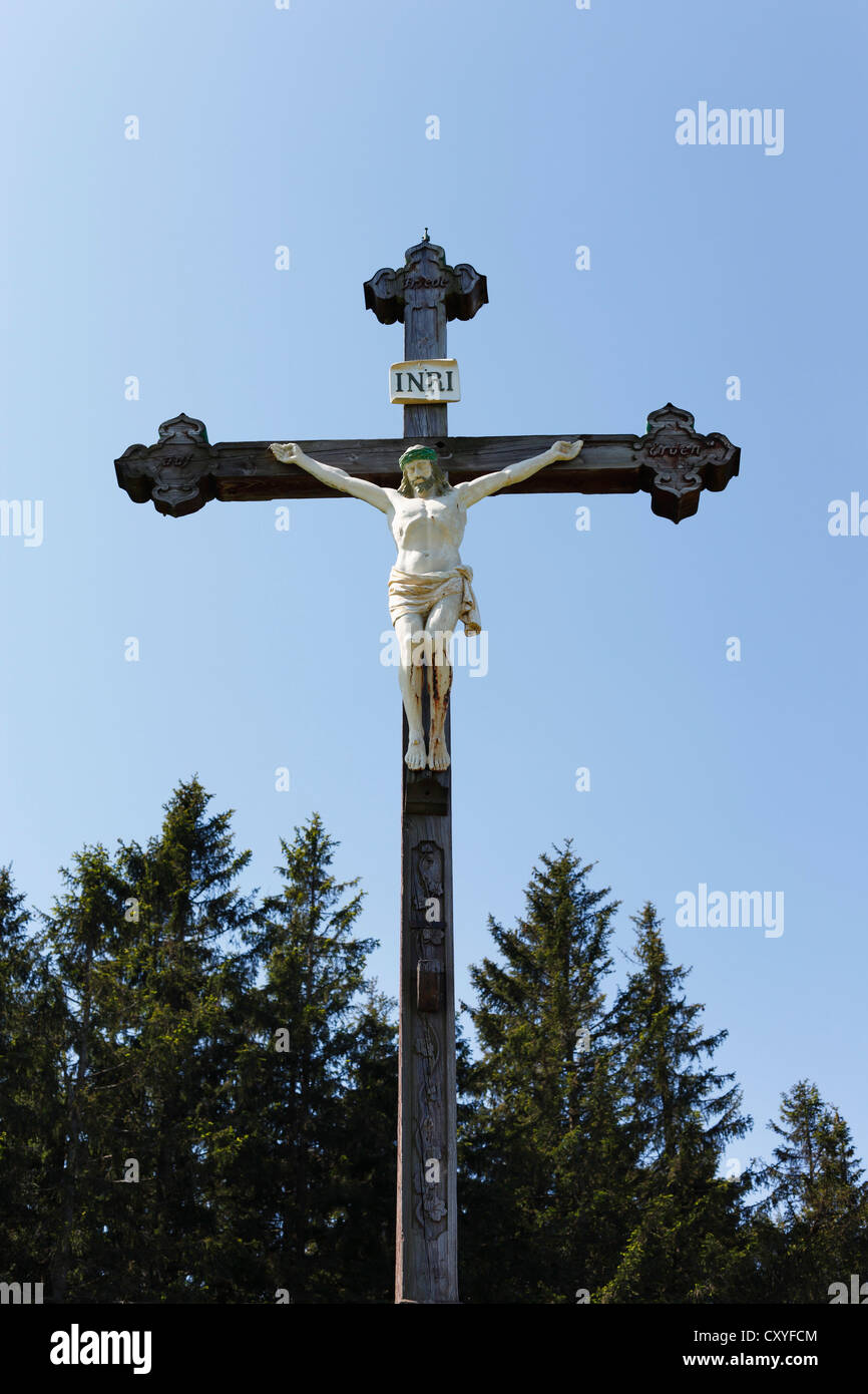 Croce di vetta del monte Gindelalmschneid, regione Schliersee, montagne Mangfall, Alpi Bavaresi, Alta Baviera, Baviera Foto Stock