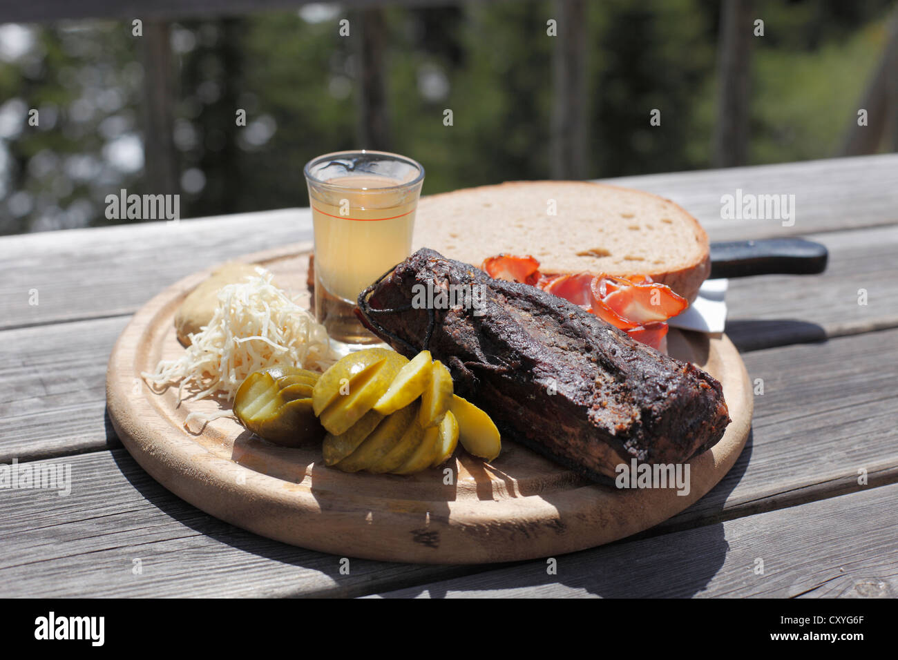 La pancetta spuntino al ristorante Gfoelleralm, Stryria superiore, Stiria, Austria, Europa Foto Stock