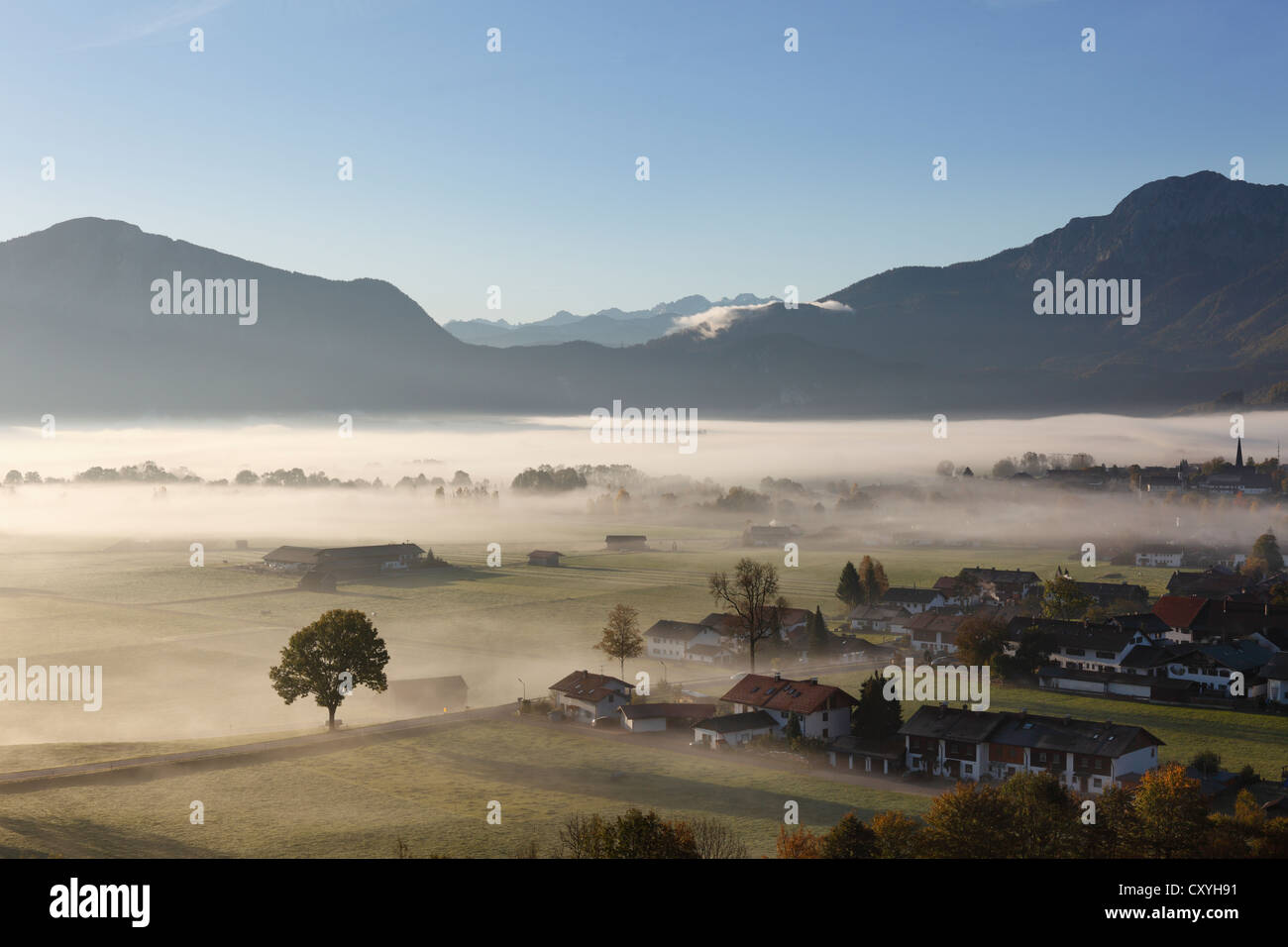 Nebbia di mattina su Loisach ormeggiare o Loisach-Kochelsee-Moor, Kleinweil, destra Grossweil comunità, Mt Kesselberg sul retro Foto Stock