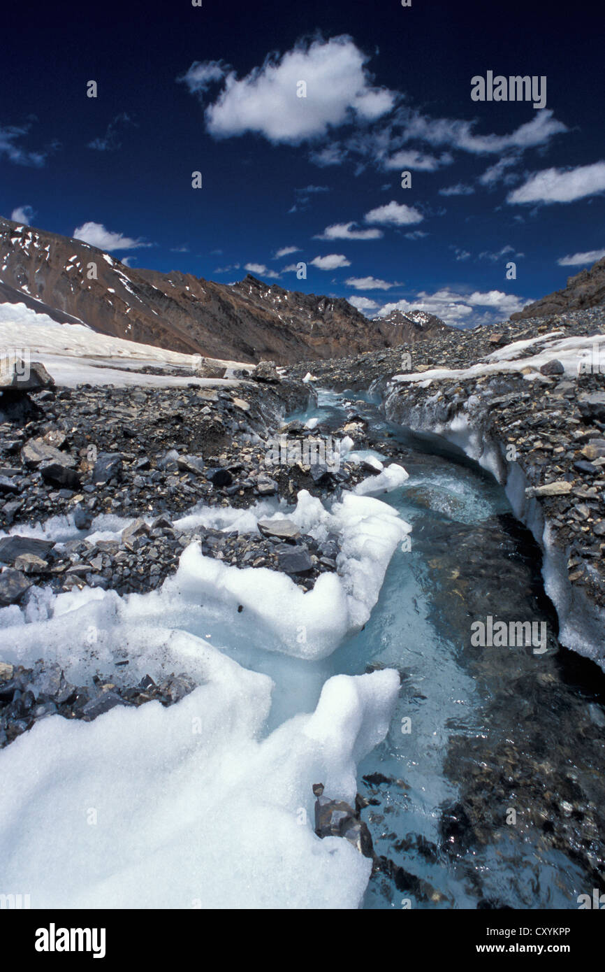 Flusso glaciale, sotto il Parang La o Parang Pass, 5580m, Kibber-Karzok-Trail, Himachal Pradesh, Himalaya indiano, India del Nord Foto Stock