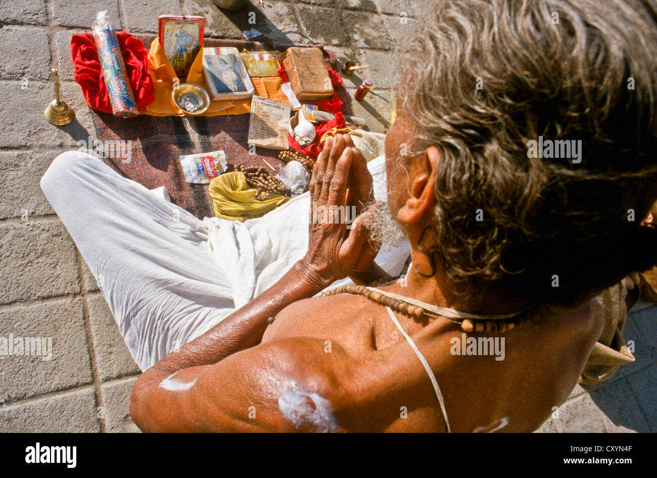 Sadhu, uomo santo, pregando come parte della mattinata pooja, Haridwar, India, Asia Foto Stock