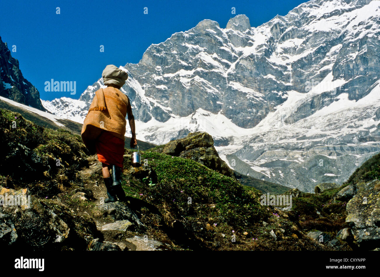Shiva Sadhu camminando verso Neelkant per avvicinarsi a Dio, alta sopra Badrinath, Uttaranchal, India, Asia Foto Stock