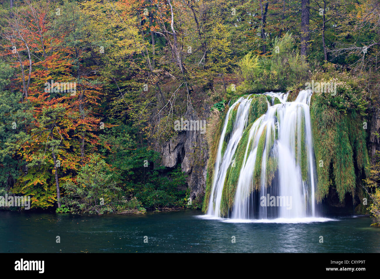 Cascata in autunno, il Parco Nazionale dei Laghi di Plitvice, Croazia, Europa Foto Stock