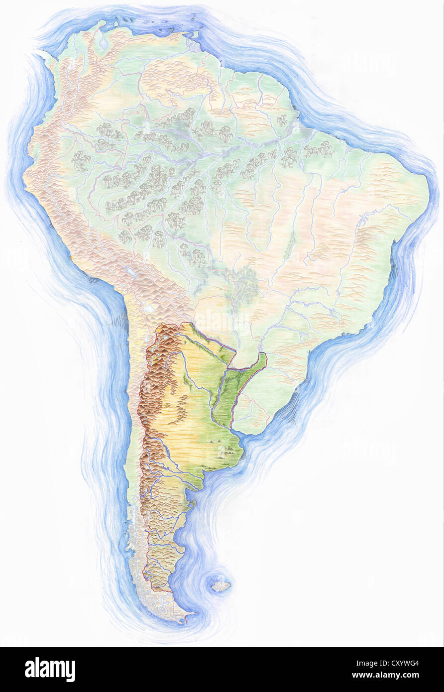 Altamente dettagliate disegnati a mano mappa di sud america con argentina evidenziata Foto Stock