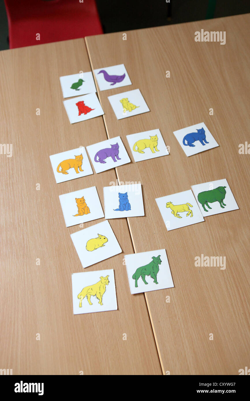 Fattoria per bambini animali gioco di carte trattate fuori sul tavolo, corrispondenti coppie gioco di memoria Foto Stock