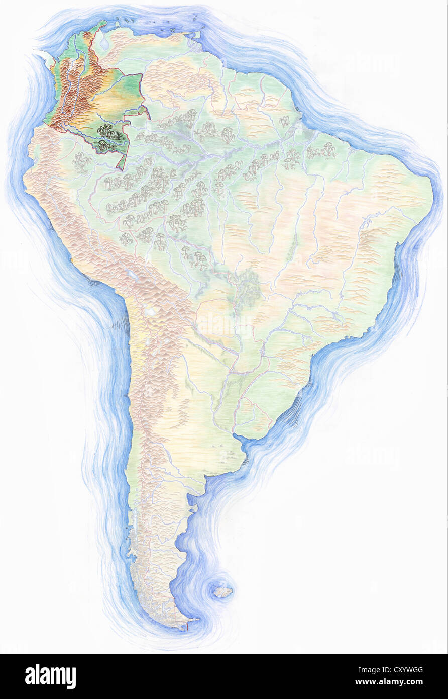 Altamente dettagliate disegnati a mano Mappa di Sud America con la Colombia ha evidenziato Foto Stock