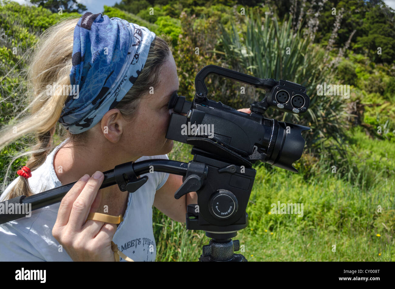 Giovane donna che guarda attraverso il mirino di un video HD fotocamera su un treppiede, Nuova Zelanda, Oceania Foto Stock