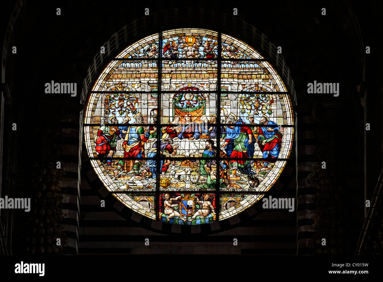 Vista interna, rosone, Cattedrale di Siena, Cattedrale di Santa Maria Assunta, la chiesa principale della città di Siena, Toscana Foto Stock