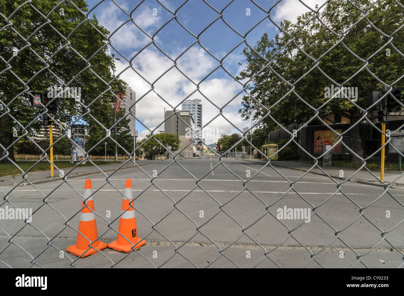 Recinzione, confine della CBD evacuato la zona rossa, city cente di Christchurch, danneggiata dai terremoti, Isola del Sud, Nuova Zelanda Foto Stock