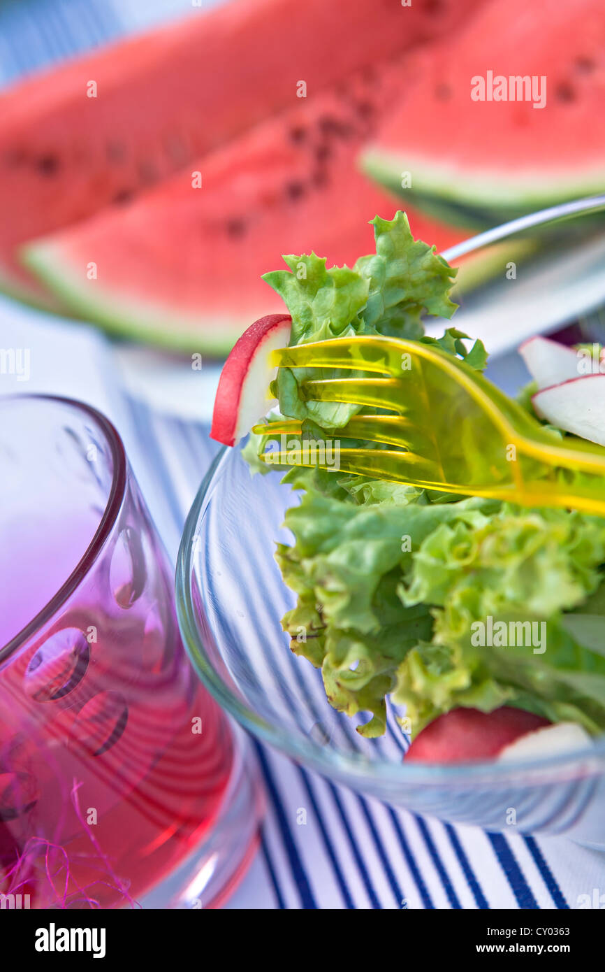 Di cui Tavolo da giardino, anguria, tagliato a pezzi, insalata Foto Stock