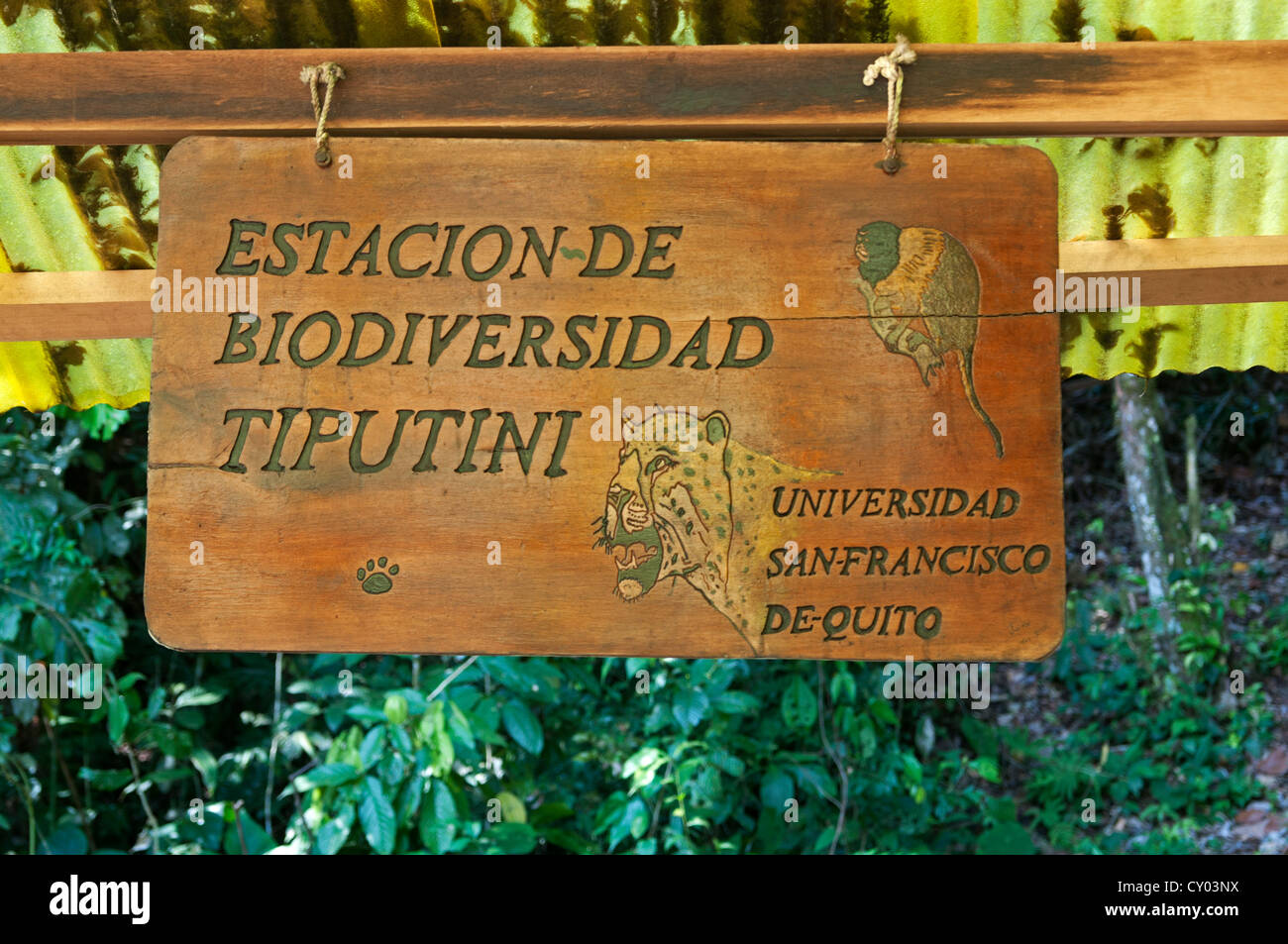 Firmare all'ingresso della biodiversità Tiputini Stazione di ricerca, Tiputini rain forest, Yasuni National Park, Ecuador Foto Stock