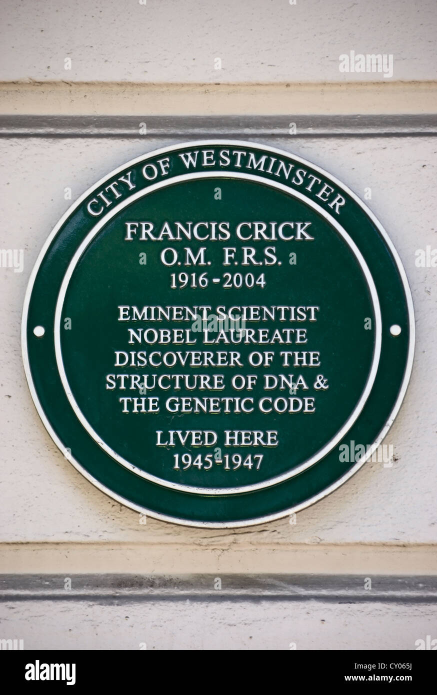 City of Westminster green marcatura di placca una casa dello scienziato Francis Crick, Pimlico, Londra, Inghilterra Foto Stock