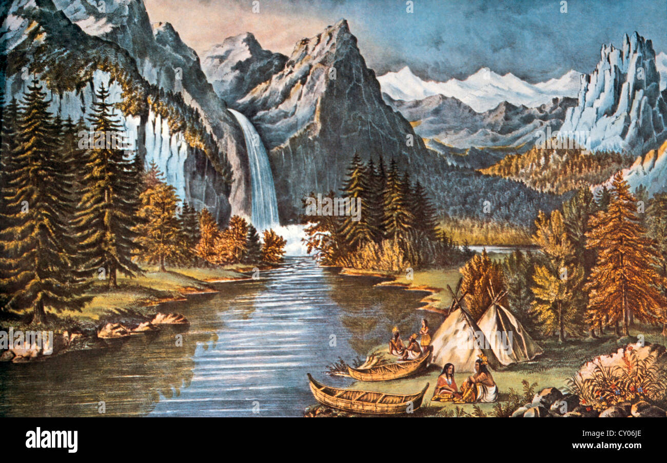 Camp indiano accanto a velo nuziale caduta, Yosemite Valley, California, USA, Currier & Ives, litografia, circa 1866 Foto Stock