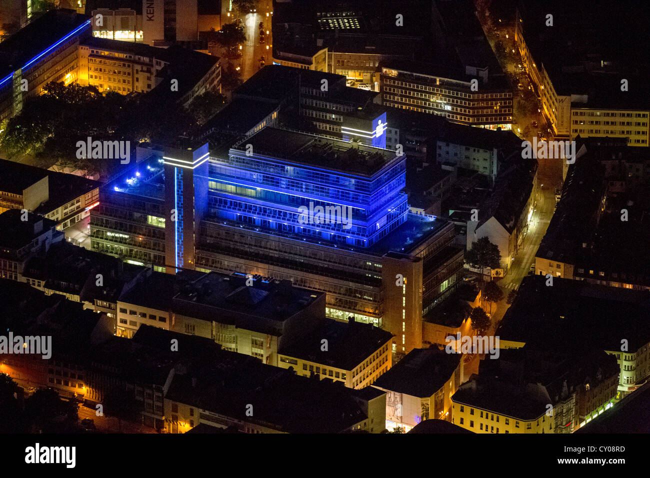 Vista aerea, di Sparkasse Essen, banca di risparmio, di notte, Extraschicht 2012, annuale manifestazione culturale, Essen, la zona della Ruhr Foto Stock