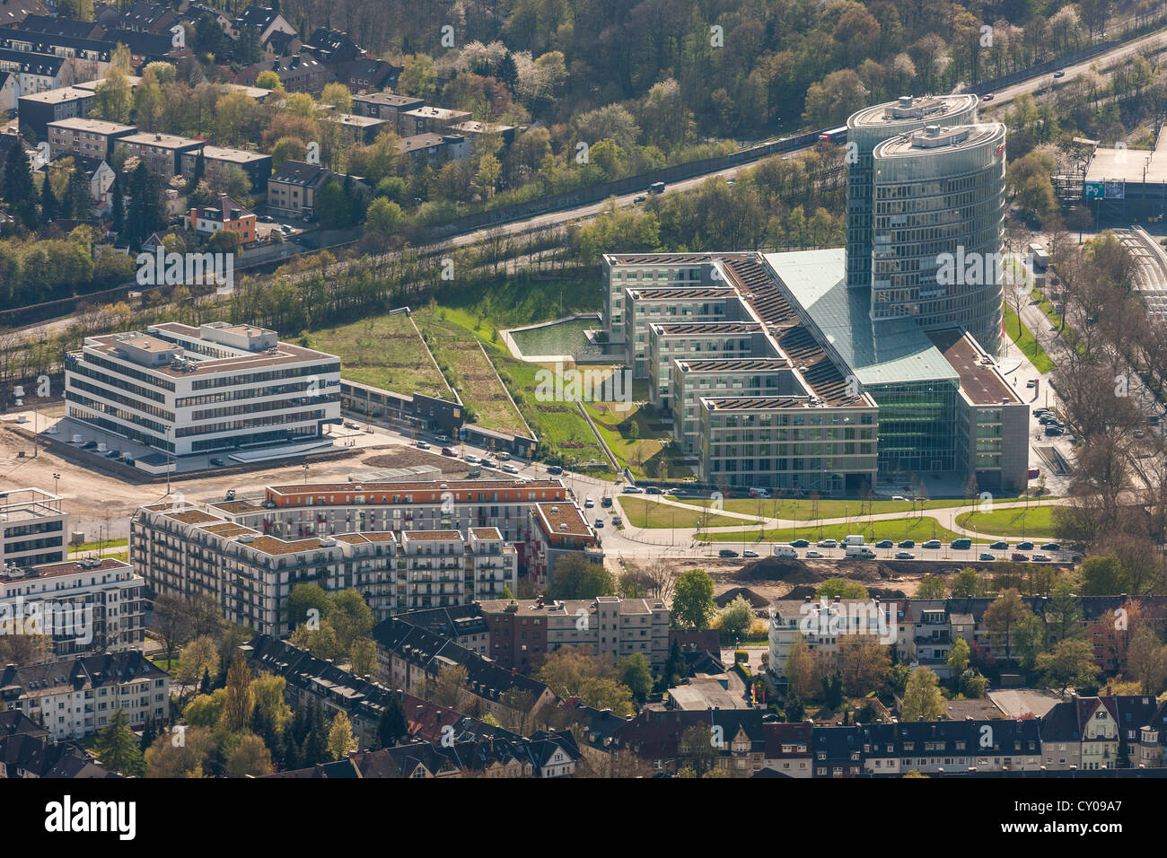 Vista aerea, EON sede Essen, ditta Atos, Essen, la zona della Ruhr, Renania settentrionale-Vestfalia Foto Stock