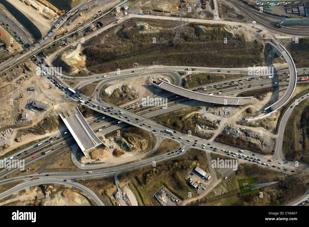 Vista aerea, svincolo autostradale di Donezkring e A40 autostrada Autobahn, Bochum-Stahlhausen, la zona della Ruhr, Renania settentrionale-Vestfalia Foto Stock