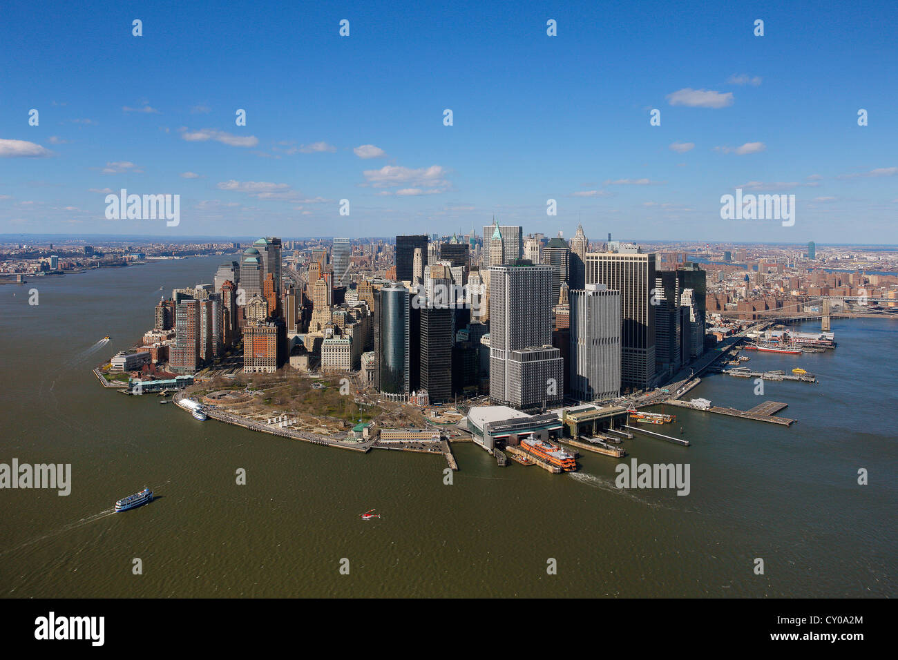 Vista aerea, volo turistico, Battery Park, punta meridionale di Manhattan, New York, New York, Stati Uniti, America del Nord Foto Stock