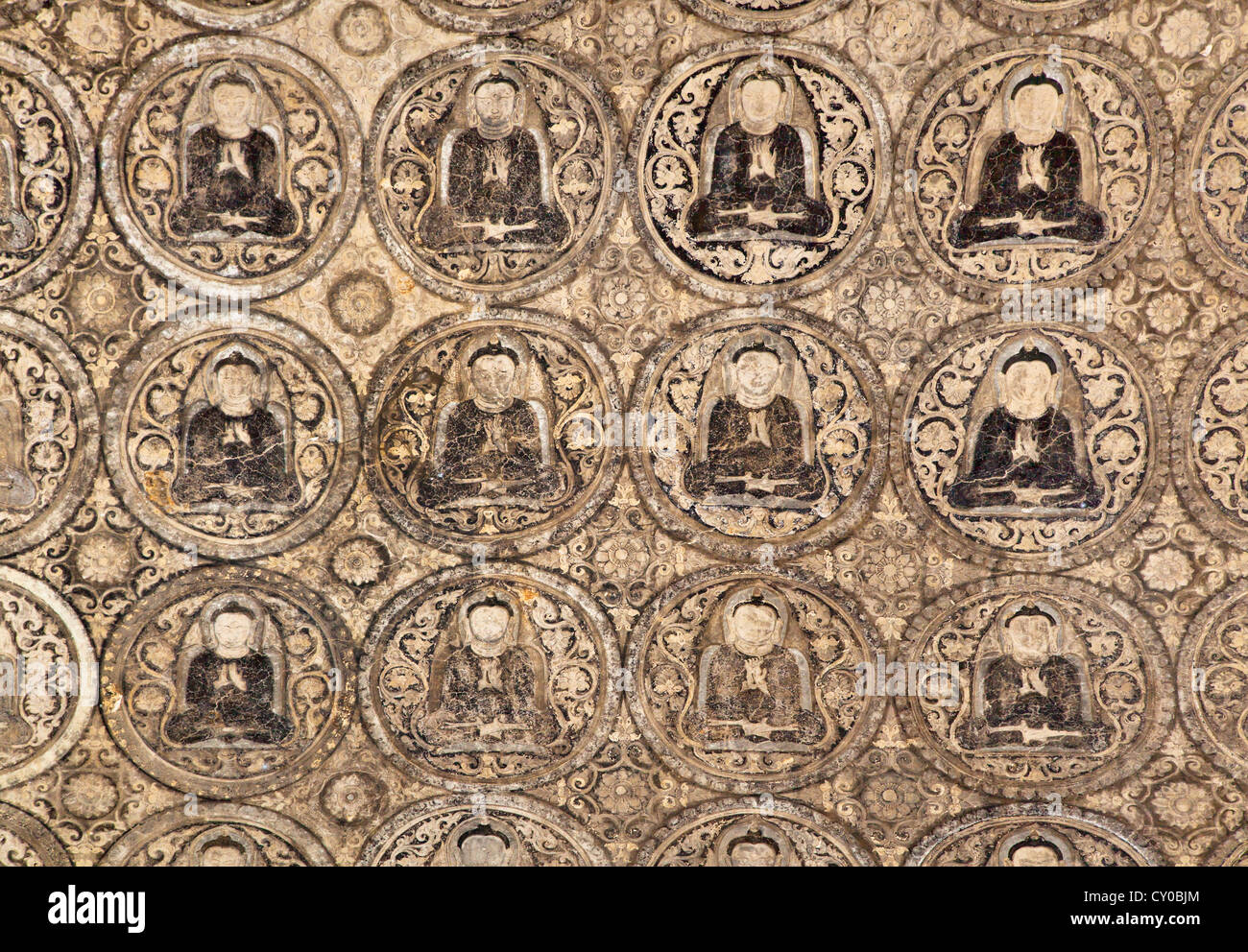 Ben conservati antichi affreschi di Buddha all'interno TAYOK Gen. Pyi PAYA - BAGAN, MYANMAR Foto Stock