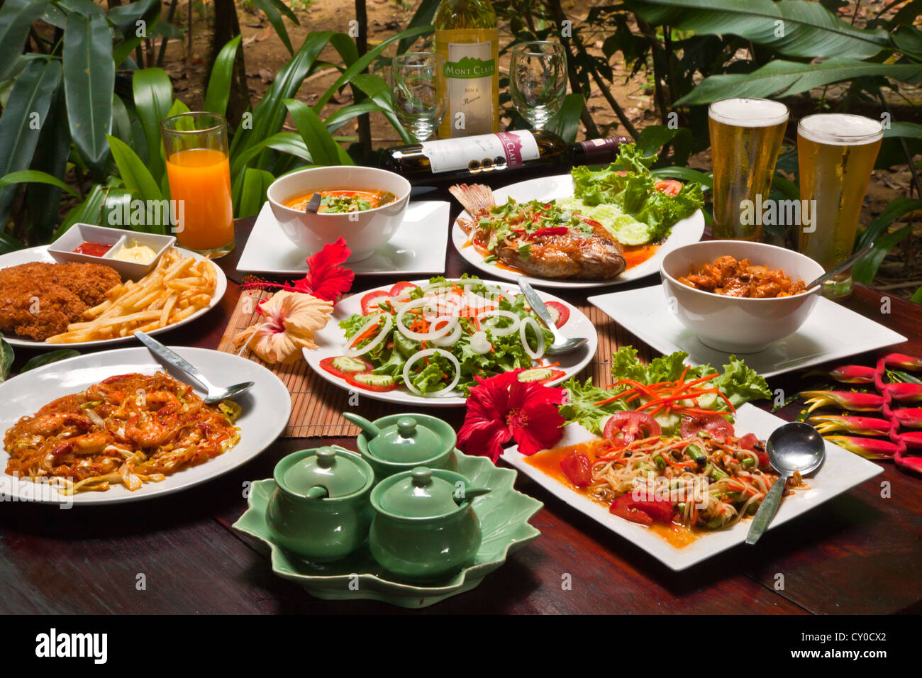 Una deliziosa cucina tailandese è servita presso la nostra casa nella giungla vicino a Khao Sok NATIONAL PARK - SURATHANI PROVENCE, Thailandia Foto Stock