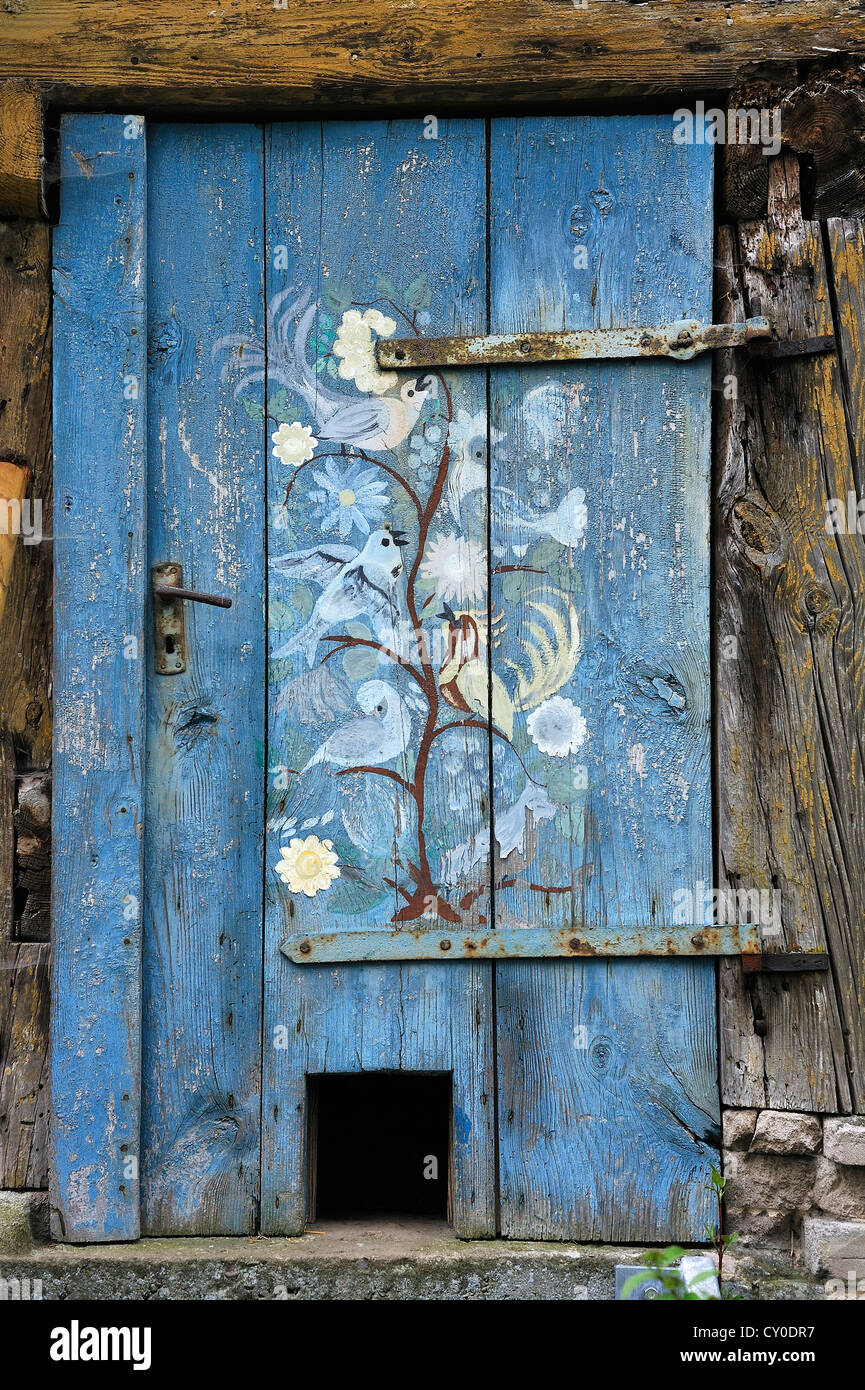 Vecchia porta di legno verniciato con uccelli, con cat lembo su un capannone per il rimessaggio, Simonshofen, Media Franconia, Bavaria Foto Stock