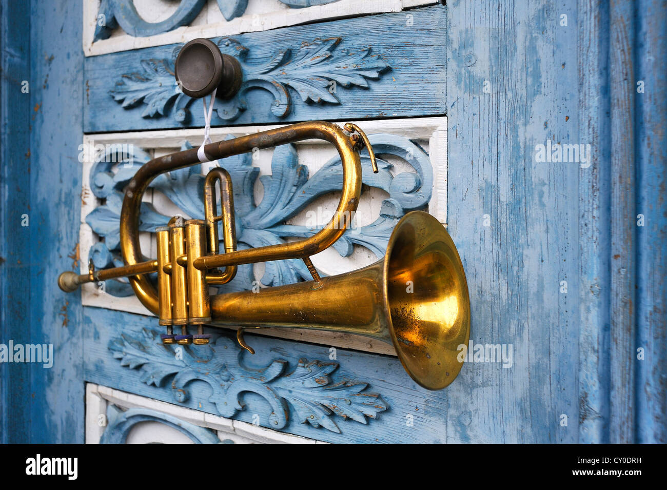 Tromba appeso su un vecchio ornato porta di legno, Simonshofen, Media Franconia, Bavaria Foto Stock