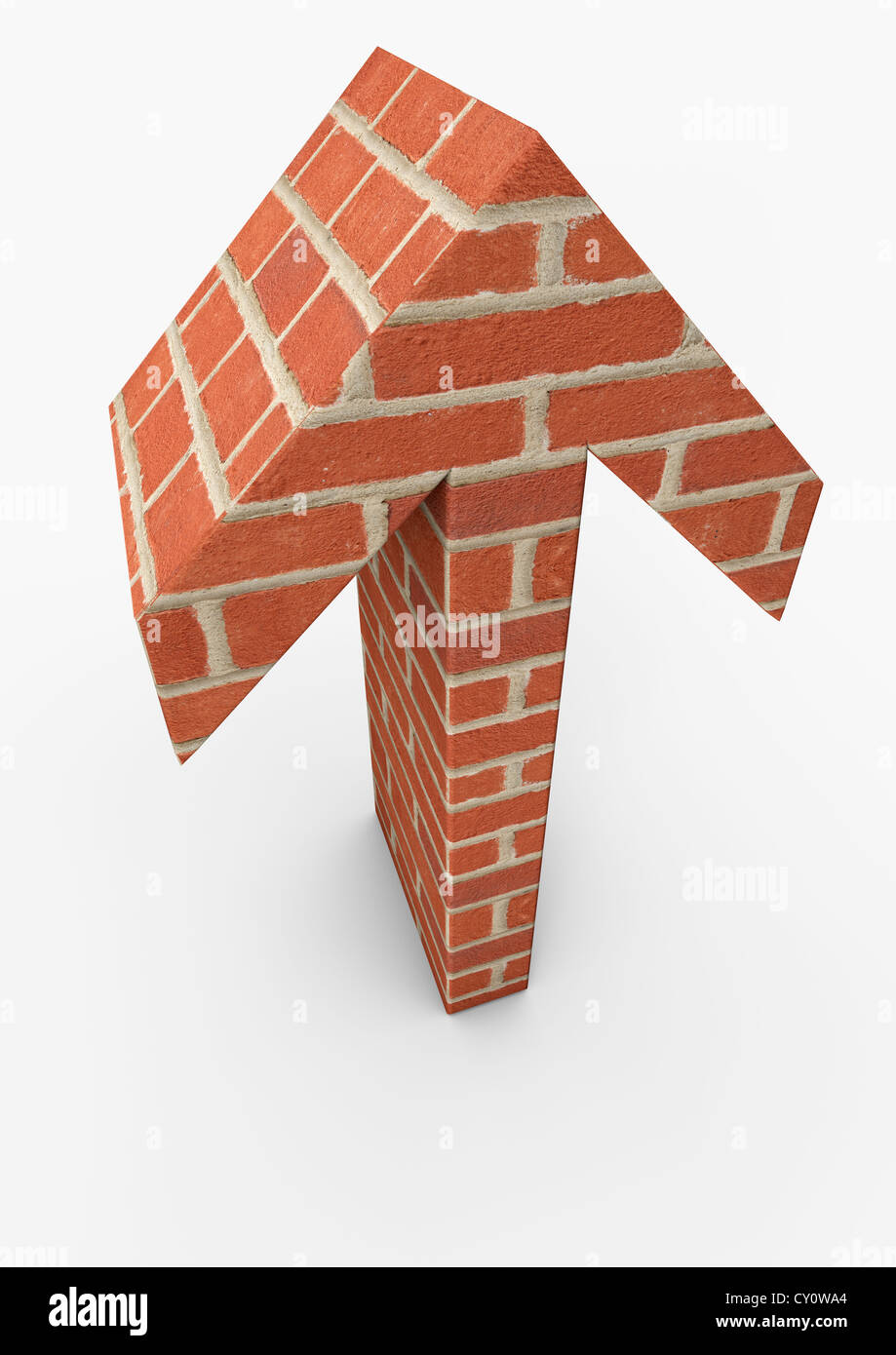 Rendering 3D di una freccia rivolta verso l'alto creata da mattoni - immagine concettuale Foto Stock