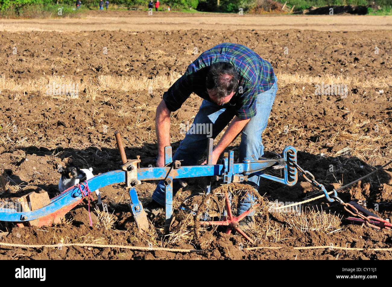 Agricoltore che regola le guide del solco sul suo aratro Howard durante un evento di aratura all'Autumn Countryside Show, West Sussex, Inghilterra, Regno Unito Foto Stock